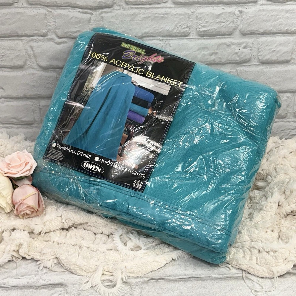 Vtg Owen Twin / Full Size Acrylic Blanket Imperial‎ Brights Soft Fuzzy Teal 80's